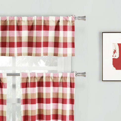 Home Maison - Kingsville Country Plaid Gingham Checkered Kitchen Tier & Valance Set | Small Window Curtain for Cafe, Bath, Laundry, Bedroom - (Red...