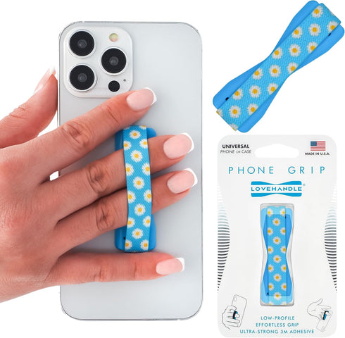 LOVEHANDLE Universal Phone Grip for Most Smartphones, Mini Tablets and Cases, Happy Daisy Design Elastic Strap with Blue Base, lh-01-happydaisy...