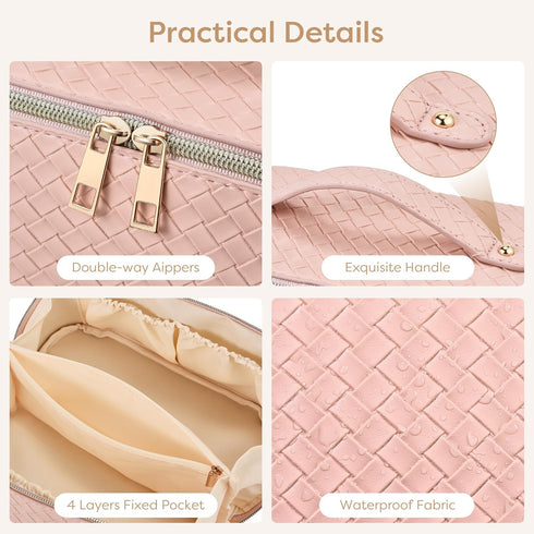 Large Capacity Travel Makeup Bag: Portable Cosmetic Bag for Women Open Flat Makeup Bag Organizer with Handle & Divider Make up Pouch Checkered Pu ...