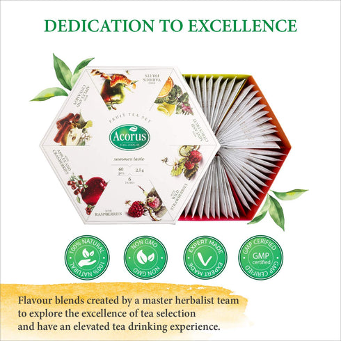 ACORUS Summer Taste Tea Set - Natural Assorted Tea Hamper Box Gift Set, Large Selection Box 60 Teas Bags, 6 Fruit and Berry Flavour Sampler, Perfe...