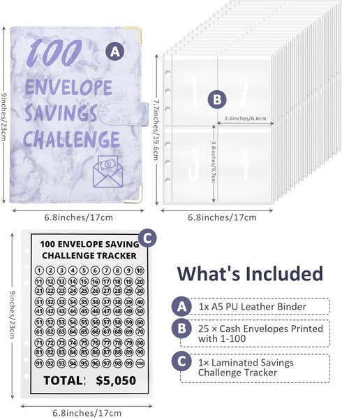 100 Envelopes Money Saving Challenge Binder - A5 Money Saving Budget Binder Easy and Fun Way to Save $5,050 Savings Challenges Book with Envelopes...
