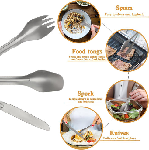 5-in-1 Camping Utensils Detachable Cutlery Portable Silverware Stainless Steel Flatware Multitool Set Tongs Spork Spoon Knife for Backpacking Hiki...