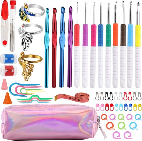 JUPEAN 70 Pcs Crochet Hooks Ergonomic Aluminum Crochet Hooks Crochet Accessories with Large-Eye Blunt Needles, Knitting Loop Rings, and Knitting S...