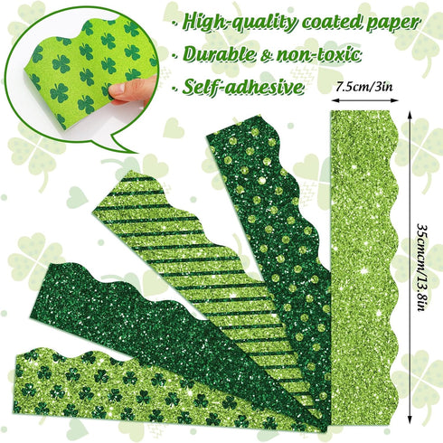 Whaline 69Ft St. Patrick's Day Glitter Bulletin Board Borders 5 Designs Shine Green Shamrock Stripe Dot Decoration Trim Bulletin Board Stickers fo...