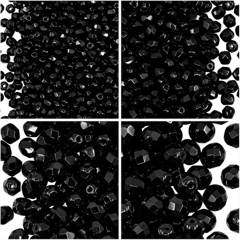 Set of Czech Glass Fire Polished Beads in Jet Black Color for Making Jewelry and Crafts - Different Sizes 3 mm, 4 mm, 6 mm, 8 mm. Total 275 Pieces...