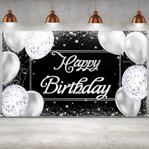 Happy Birthday Backdrop Banner - Black and Silver Photography Background - Large Party Sign Poster for Men and Women - Decoration Supplies...
