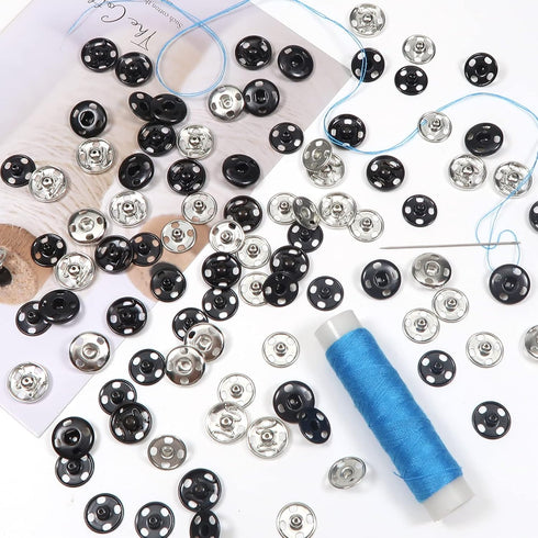 TOAOB 100 Sets Sew on Snap Buttons Brass Snaps Fasteners Press Studs Snap Kit for Sewing Clothing 12mm Black and Silver...
