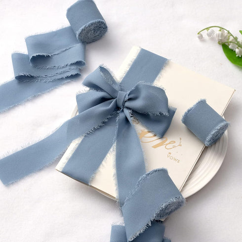 Chiffon Ribbon, 6 Rolls Dusty Blue Handmade Fringe Chiffon Silk Ribbons, 1.5" x 7Yd Ribbon Set for Gift Wrapping, Wedding Invitations, Bouquet Wra...