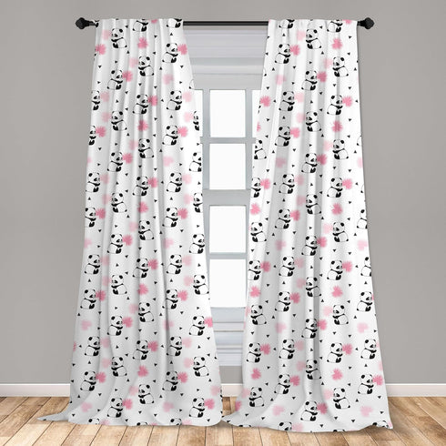 Lunarable Panda Window Curtains, Cartoon Style Bear Drawings Pinkish Foliage Leaves Chinese, Lightweight Decor 2-Panel Set with Rod Pocket, Pair o...