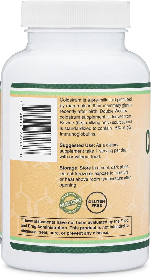 Colostrum Supplement 120 Capsules, 1,000mg per Serving (Bovine Colostrum Powder from First Milking Only, Std. to Contain 15% IgG Immunoglobulins) ...