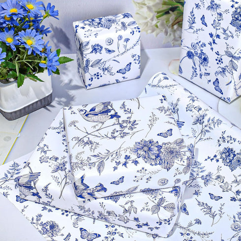 JarThenaAMCS Blue White Floral Wrapping Paper Roll Chinoiserie Flower Bird Gift Wrap Paper Decorative DIY Art Craft Paper for Wedding Birthday Bab...