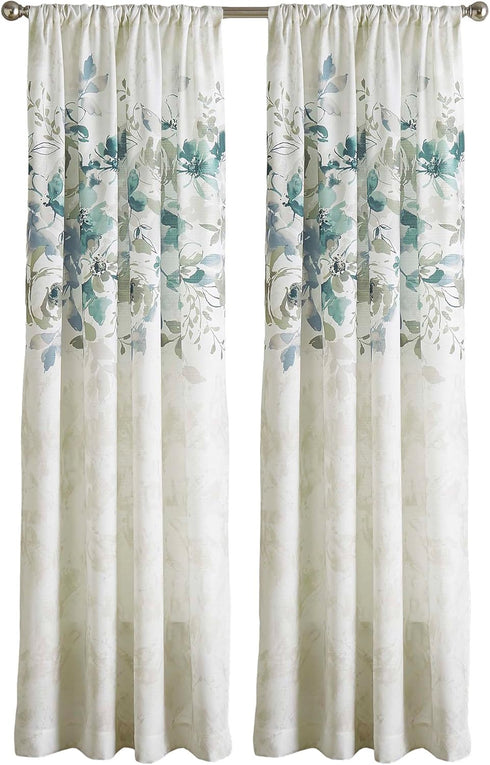 CHF Watercolor Floral Curtain Panel, 84", Aqua...
