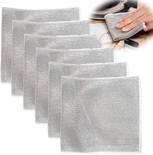 Multipurpose Wire Dishwashing Rag, 6PCS Non-Scratch Wire Dishcloth, Silver Wire Mesh Knit Cleaning Cloth for Wet and Dry, Steel Wire Dish Towel Fo...