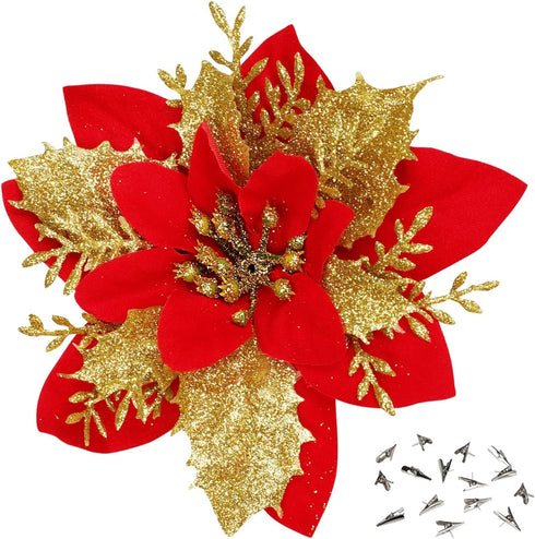 Sawowkuya 15 Pcs Red Gold Poinsettia Artificial Flowers Glitter Artificial Christmas Flowers Decorations with Clips for Xmas Tree Ornaments Weddin...