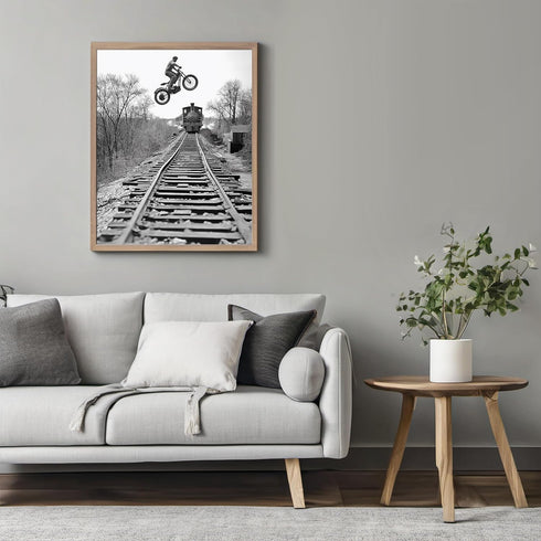 Posterizer 1 pcs-black and white photo-motorcycle on train track 1-Photography Art-Retro Art-Decor for Home & Office- unframed wall art...