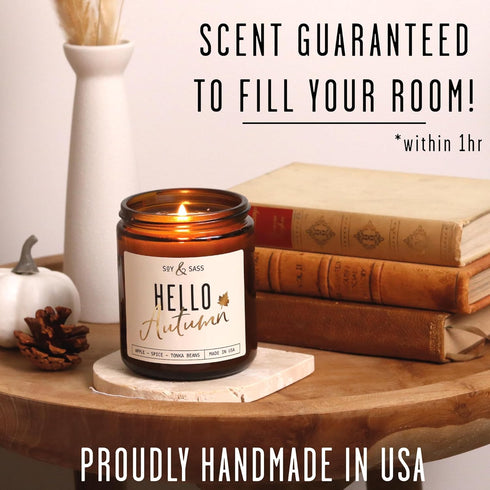 Fall Candles - 'Hello Autumn' Fall Candle w/Apple, Cinnamon & Nutmeg I Infused with Essential Oils I Autumn Fall Scented Candles I Cozy Cute Fall ...