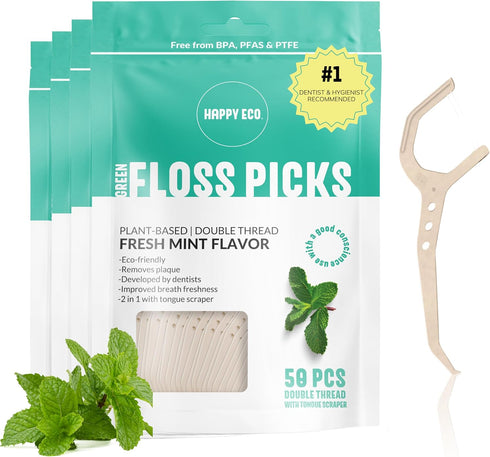 Natural Dental Floss Picks (200) - Vegan, Sustainable, Reusable Floss Sticks for Adults and Kids with Dental Pick - Plaque Remover for Teeth Clean...