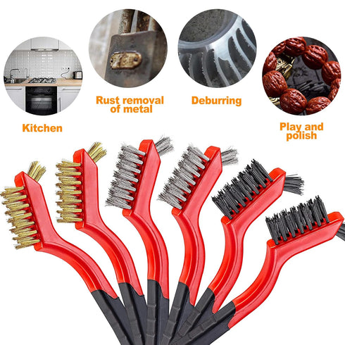 6 Pcs Wire Brushes Set - Small Wire Brush, Stainless Steel Brush & Brass Brushes for Cleaning with Curved Handle, Ideal for Rust, Paint Removal...
