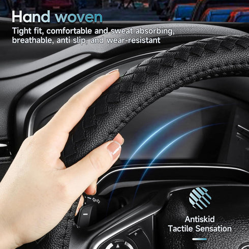 Black Steering Wheel Cover?with Woven Pattern ?Anti-Slip, Safety, Soft, Breathable, Adaptable to 14.5-15 inches Steering Wheel...