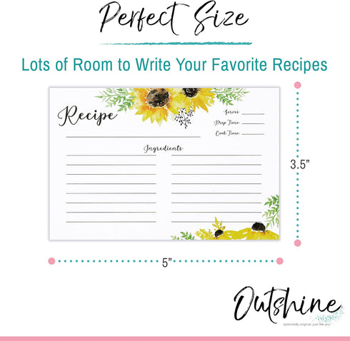 OUTSHINE Recipe Cards 3x5, Sunflower Design | Recipe Card Template for Recipe Box, Set of 50 | No-Smear Double Sided Rustic Recipe Cards Mason Jar...