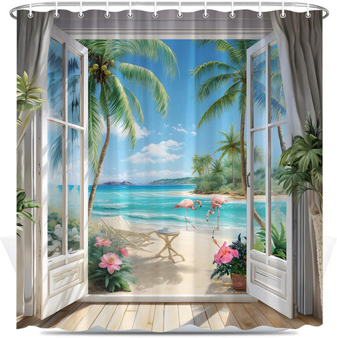 Seascape Shower Curtain Beach Tropical Palm Trees Ocean Flamingos Coastal Nature Landscape Bathroom Curtains Fabric Decor with Hooks 70X70 Inch, B...