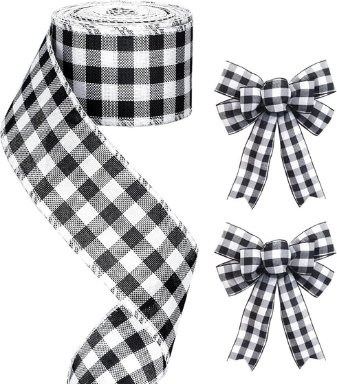 2.5" Black White Gingham Wired Ribbon, 11 Yards Buffalo Plaid Burlap Ribbon, Checkered Plaid Ribbons, Checkered Wired Ribbon, Wired Ribbon for Gif...