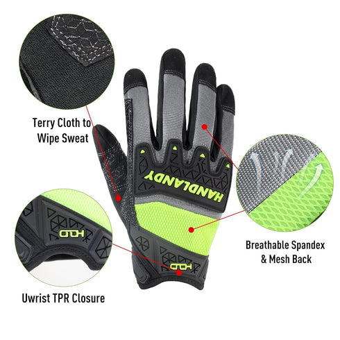 HANDLANDY Grip Work Gloves with TPR Impact Reducing Safety Working Gloves, Mechanic Work Gloves for Men Women (Hi vis-Green, 2X-Large)...