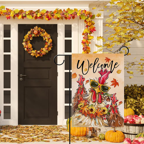 Welcome Fall Rooster Small Decorative Garden Flag, Autumn Farm Animal Sunflower Maple Leaves Yard Lawn Outside Decor, Farmhouse Rustic Burlap Outd...