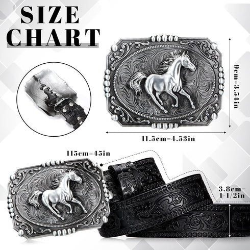 Hicarer Cowboy Belts Western Leather Buckle Belts Cowgirl Horse Pattern Engraved Buckle Belts for Men Women (Black, 45 Inch)...