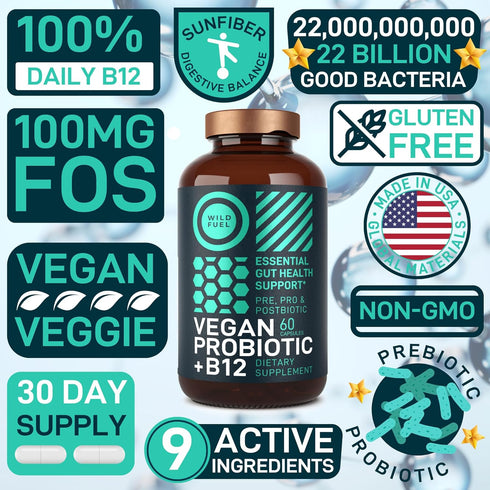 Vegan Probiotic Plus B12-22 Billion CFU Synbiotics Probiotics & Prebiotic for IBS, Digestive & Gut Health, Mood Support - B12 with FOS Pre Pro Pos...