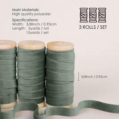 Vitalizart Dusty Green Velvet Ribbon Set 3/8" x 15Yd Wooden Spool Fabric Trim Eco-Friendly 3 Rolls * 5Yd for Christmas Wreath Decoration Handmade ...