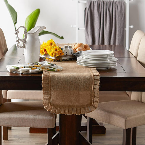 DII Jute Burlap Collection Kitchen Tabletop, Table Runner, 14x108, Ruffle Trim Natural...