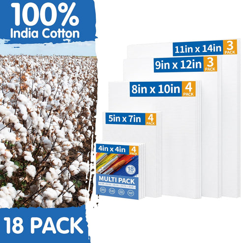 FIXSMITH Canvas Boards for Painting 18 Pack, Multi Pack- 4x4, 5x7, 8x10, 9x12, 11x14 Inches, 100% Cotton Primed Canvas Panels for Acrylic, Oil, Ar...