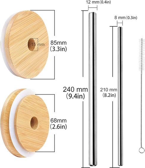Mason Jar Lids With Straw - Reusable Bamboo Wide Mouth Tumbler Tops, 2 Packs With 2 Stainless Steel Straws...