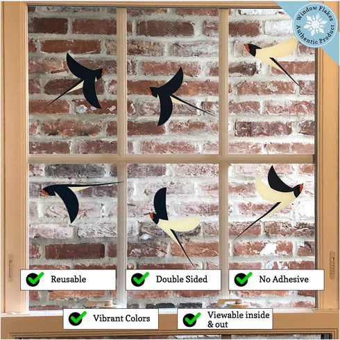 Brand 6 Flying Swallow Static Cling Decals for Glass Windows & Doors - Anti Collision Bird Stickers Decor, Navy-Cream-Orange, Reusable, Made in US...