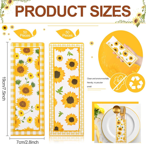 100 Pieces Silverware Bags Sunflower Party Supplies Wedding Silverware Sleeves Sunflower Themed Utensil Holder Paper Silverware Bag Disposable Cut...