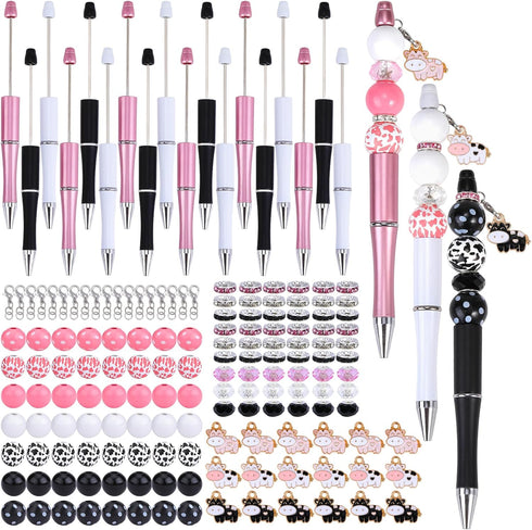 18 Pieces Beadable Pen Diy Cow Series Ballpoint Pen Set In Black Ink, With 110 Various Beads, 18 Pcs Lobster Clasps, 18 Cow Pendants, Diy Gifts Cr...