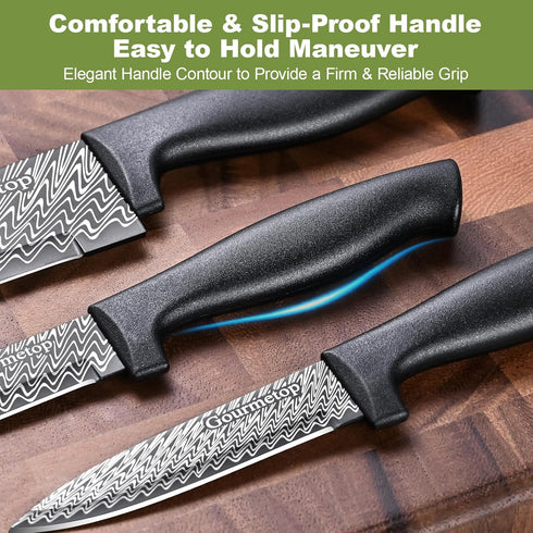 3 Pcs Kitchen Knife Set with Cover, Black Knives Set for Kitchen Stainless Steel, Damascus Pattern Chef Knife set with Sheath, Sharp Cutting Knive...
