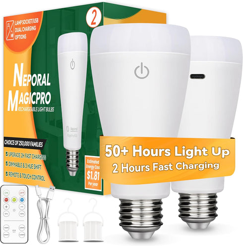 Neporal MagicPro Rechargeable Light Bulbs with Remote, USB + Socket Rechargeable, 1800mAh Large Battery Light Bulb, 3 Color Shift + Stepless Dimma...