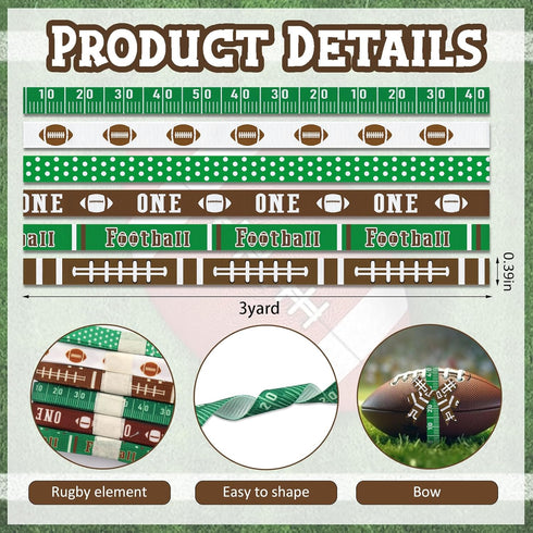 6 PCS Sports Football Ribbons for Crafting, 3/8" Width Grosgrain Ribbon Rugby Football Ribbon Green Brown Balls Game Craft Ribbons for Football Se...