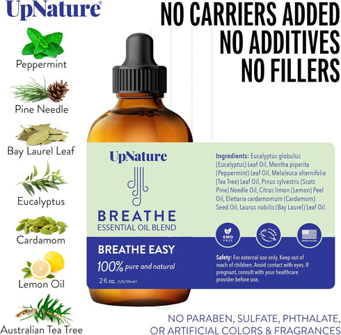 UpNature Breathe Essential Oil Blend - Essential Oils for Diffusers for Home and Humidifiers - Aromatherapy Oils for Breathing Comfort, 2oz...