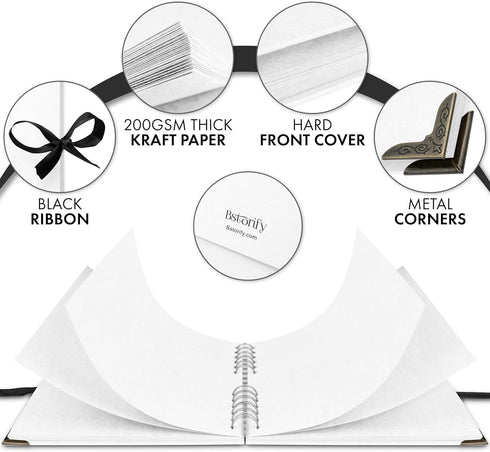 Bstorify Square Scrapbook Photo Albums 60 Pages (21 x 21 cm) White Thick Paper, Hardcover, Metal Corners, Ribbon Closure - Ideal for Your Scrapboo...