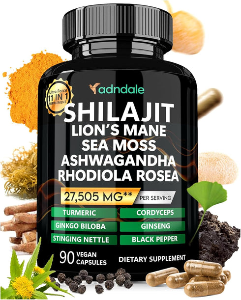 Shilajit Pure Himalayan Organic. 11-in-1 Shilajit for Men. Shilajit Capsules with Sea Moss Himalayan Shilajit Ashwagandha Rhodiola Rosea Panax Gin...