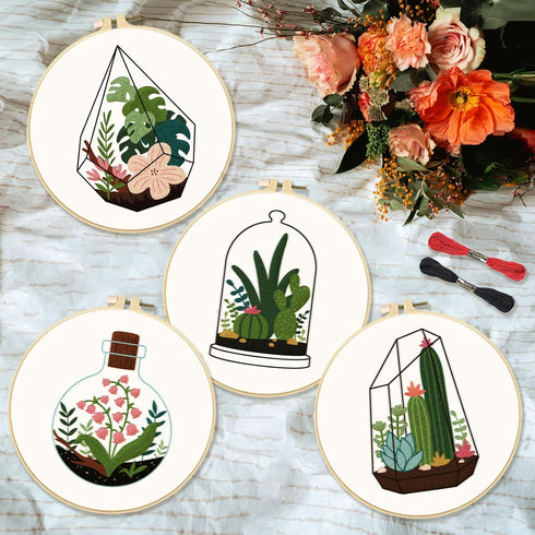 INFUNLY 4pcs Plant Embroidery Starter Kit for Beginners Cactus Cross Stitch Kits for Adults Vase Flower Stamped Stitches Embroidery Sewing Kit wit...