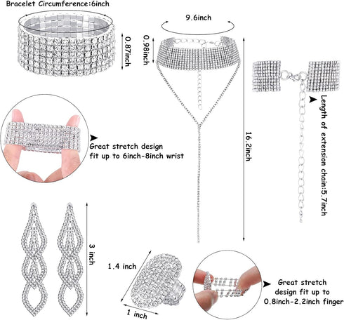 Fumete 4 Pcs Rhinestone Jewelry Set Bling Diamond Choker Necklace Bracelet Ring Earrings Set for Women Party Costume Jewelry...