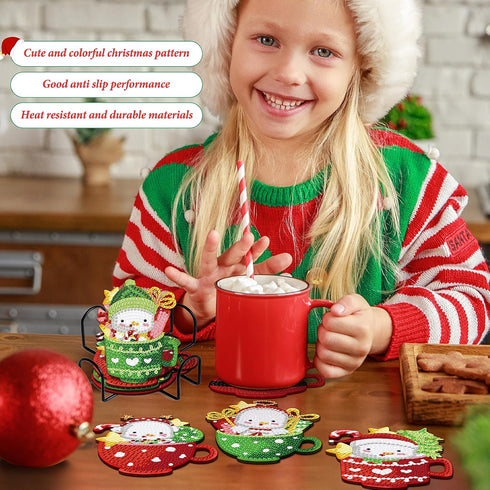 8 PCS Christmas Diamond Art Coasters Christmas Hot Cocoa Diamond Art Coasters Kits with Holder Santa Claus Snowman DIY Coasters for Beginners, Adu...