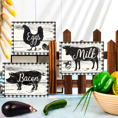 Jetec 3 Pieces Farmhouse Kitchen Decor Wooden Pig Cow chicken Signs Rustic buffalo plaid wall art farm animal Plaque for Kitchen Home Wall Decorat...