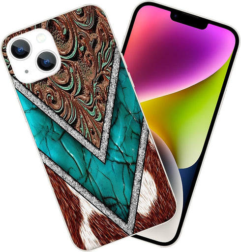 Compatible with iPhone 15 Case, Western Cowhide Turquoise and Brown Animal Print Shockproof Protective Case with Unique Design for Women Girls TPU...