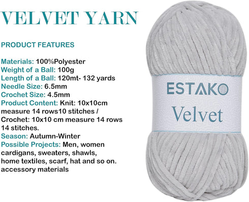 Estako Velvet Chenille Blanket amigurumi Yarn for Crocheting and Knitting Super Bulky 100 gr (132 yds) (1120 - Light Grey)...