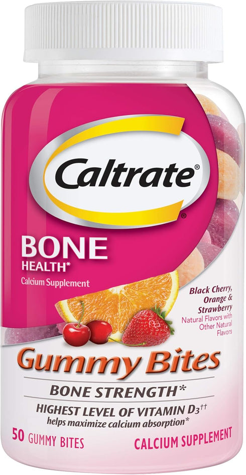Caltrate Gummy Bites 500 mg Calcium and Vitamin D Supplement, Black Cherry, Strawberry, Orange - 50 Count...